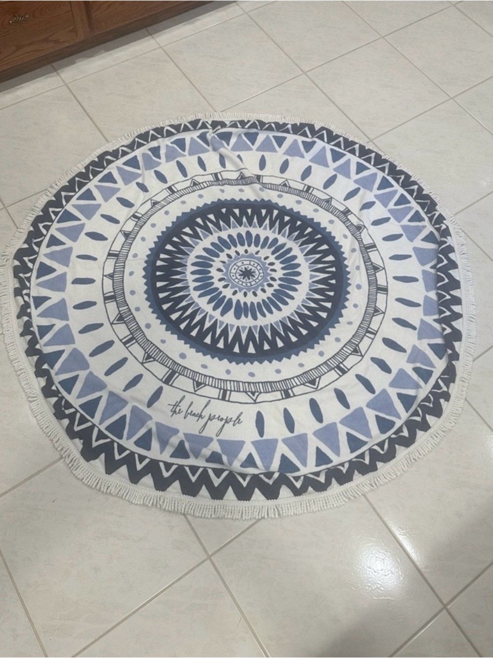 The Beach People Round Beach Towel Mandala Fringe Oversized Blue White Boho NEW